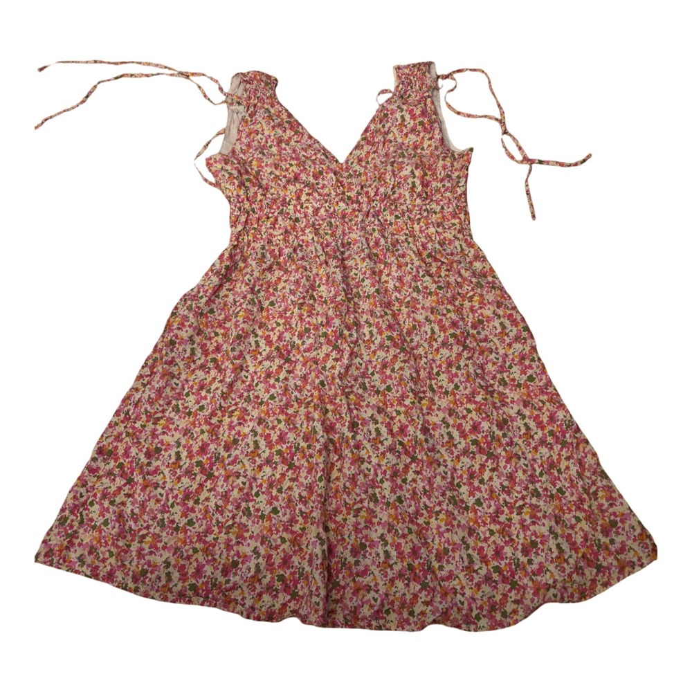 Time and Tru Floral V-Neck Smocked Empire Waist Dress Pink Orange Size M 8-10
